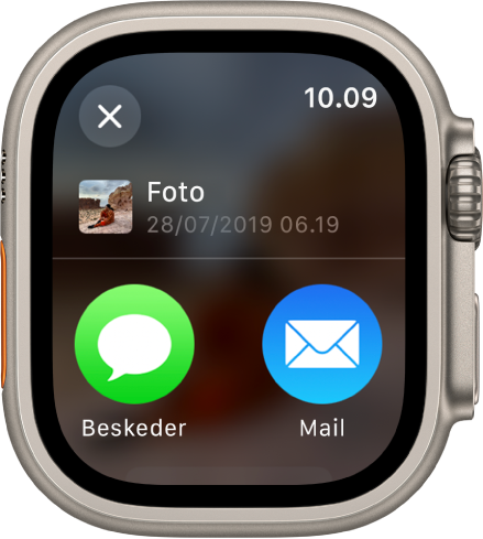 Skærmen Deling i appen Fotos. Det delte foto er øverst på skærmen, og nedenunder er Beskeder og Mail.