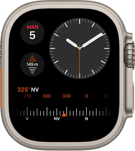 Urskiven Modulær kompakt, der viser et analogt ur øverst til højre, dagen og datoen øverst til venstre og to komplikationer. Højde i midten til venstre og Kompas nederst.