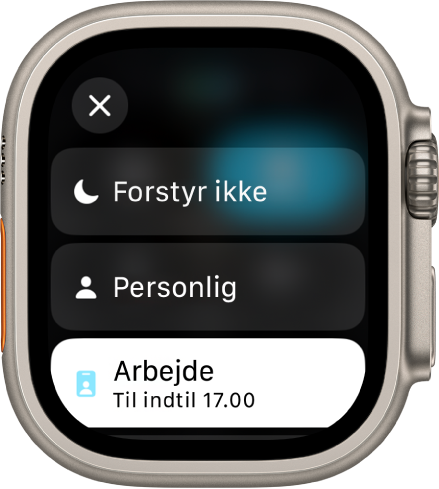 Fokuslisten viser Forstyr ikke, Personlig og Arbejde. Fokusfunktionen Arbejde er aktiv.