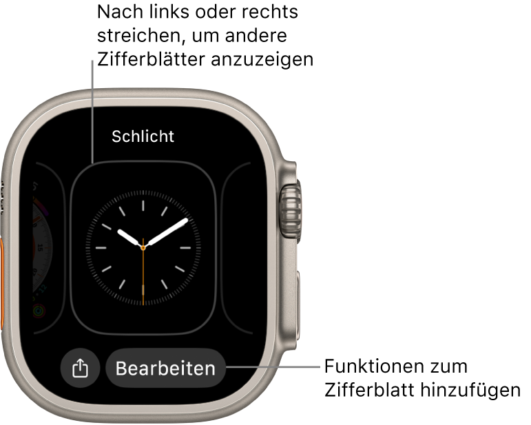Wenn du den Finger auf das Zifferblatt legst, wird das aktuelle Zifferblatt mit den Tasten „Teilen“ und „Bearbeiten“ angezeigt. Der Name des Zifferblatts befindet sich oben. Streiche nach links oder rechts, um andere Zifferblattoptionen anzuzeigen. Tippe auf eine Komplikation, um die gewünschten Funktionen hinzuzufügen.