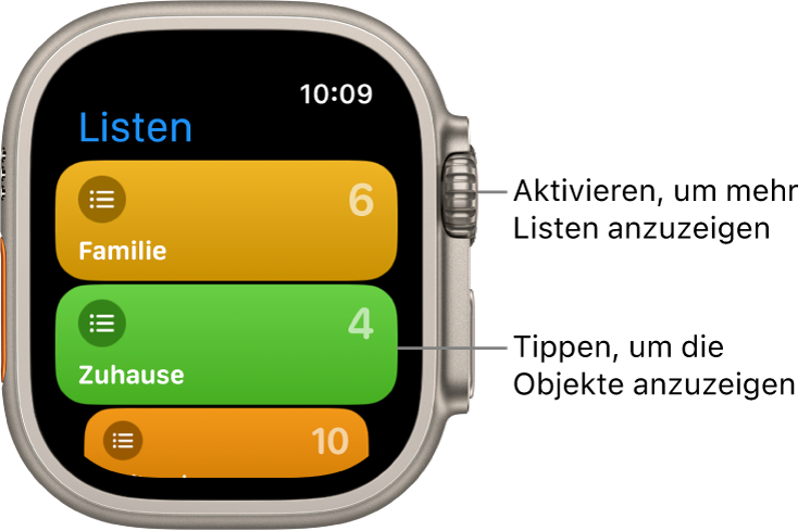 Die Anzeige „Listen“ in der App „Erinnerungen“ mit zwei Listentasten – „Familie“ und „Zuhause“. Die Zahlen auf der rechten Seite zeigen, wie viele Erinnerungen jede Liste enthält. Tippe auf eine Liste, um die darin enthaltenen Objekte anzuzeigen, oder drehe die Digital Crown, um weitere Listen anzuzeigen.