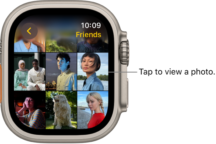 The main screen of the Photos app on Apple Watch, with several photos displayed in a grid.