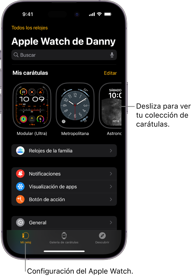 La app Apple Watch del iPhone abierta en la pantalla Mi Reloj, que muestra tus carátulas cerca de la parte superior y la configuración abajo. Hay tres pestañas en la parte inferior de la pantalla de la app Apple Watch: la izquierda es Mi reloj, donde está la configuración del Apple Watch; luego está la Galería de carátulas, donde puedes explorar las carátulas y complicaciones disponibles; y la última es Descubrir, donde puedes obtener más información sobre el Apple Watch.