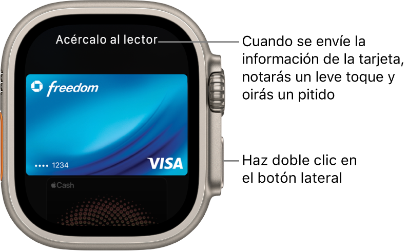 Pantalla de Apple Pay con el mensaje “Acércalo al lector” arriba; notarás una leve vibración y escucharás un sonido cuando se envíe la información de tu tarjeta.