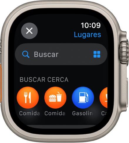 La pantalla Buscar de la app Mapas, con el campo Buscar cerca de la parte superior. “Buscar cerca” aparece cerca de la parte inferior con categorías como Comida y Gasolineras debajo.