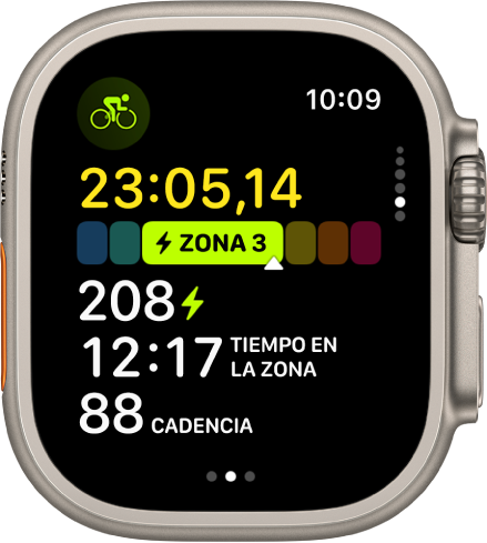 Un entreno de bici en curso muestra el tiempo transcurrido, la zona en la que estás actualmente, el tiempo que llevas en la zona y la cadencia.