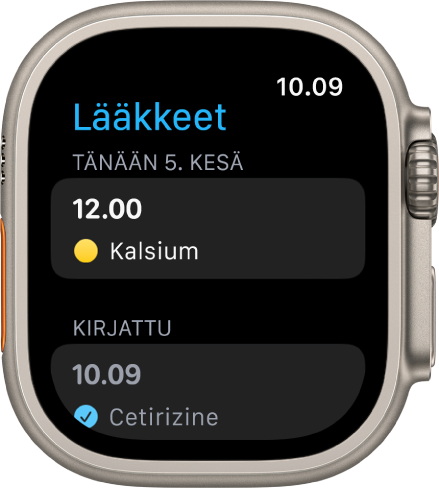 Lääkkeet-näyttö, jossa näkyvät puolen päivän aikaan otettava lääke ja kirjattu lääke.