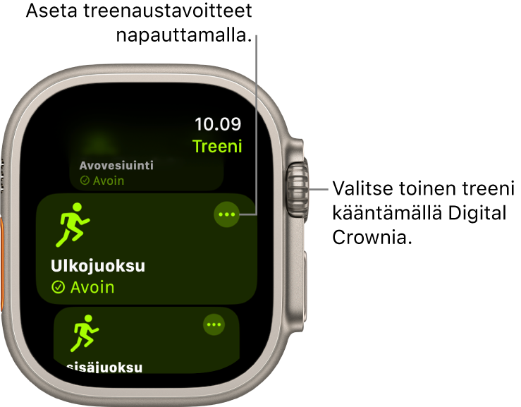 Treeni-näyttö, jossa on korostettuna Ulkojuoksu-treeni. Muut-painike on treenilaatassa ylhäällä oikealla.
