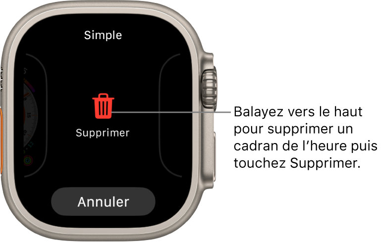 Écran de l’Apple Watch montrant les boutons Supprimer et Annuler, qui apparaissent lorsque vous atteignez un cadran puis le balayez vers le haut pour le supprimer.