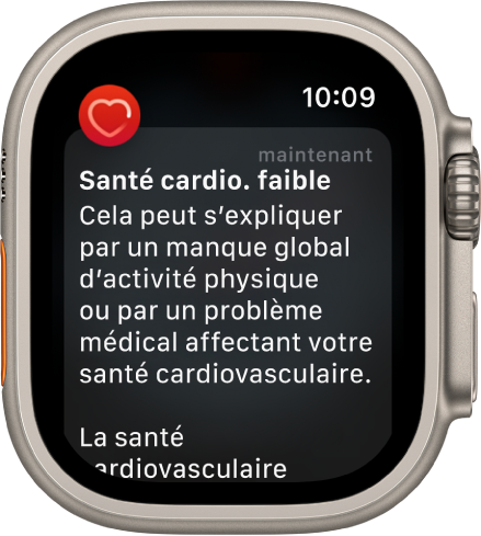 Une alerte Fréquence cardiaque, indiquant une santé cardio. faible.