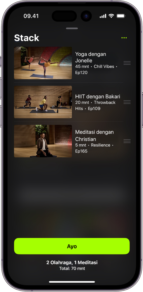Layar menampilkan Tumpukan dengan 2 olahraga dan 1 meditasi. Tombol Ayo terdapat di bagian bawah layar.