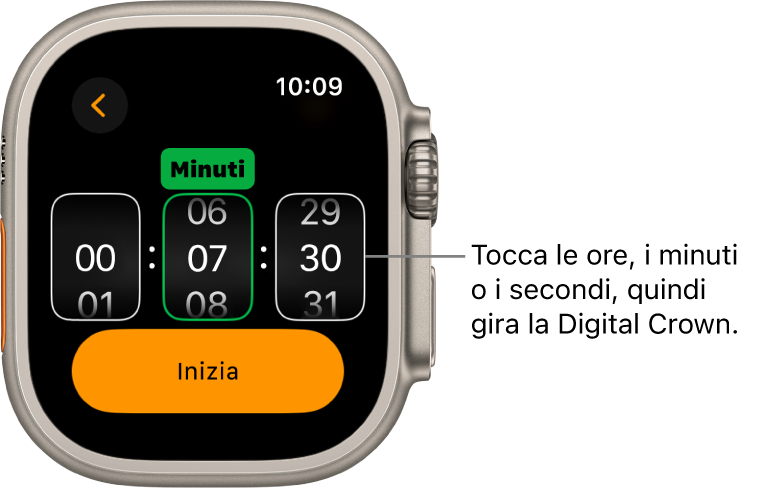 Impostazioni per la creazione di un timer personalizzato, con l’ora a sinistra, i minuti al centro e i secondi a destra. Il pulsante di avvio del timer è sotto.