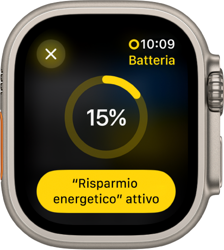 La schermata di “Risparmio energetico” con un anello giallo non completo che indica la carica rimanente. Al centro dell’anello è visibile il numero 15%. In basso è presente il pulsante “Risparmio energetico”. In alto a sinistra è visibile il pulsante Chiudi.