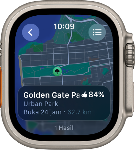 App Peta menunjukkan peta Taman Golden Gate di San Francisco, berserta penilaian untuk taman, waktu operasi dan jaraknya dari lokasi semasa anda. Butang Laluan kelihatan di bahagian kanan atas. Butang Balik berada di bahagian kiri atas.