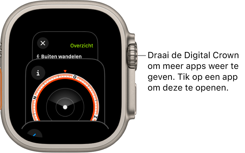 De appkiezer met de Kompas-app. Draai de Digital Crown om meer apps weer te geven. Tik op een app om deze te openen.