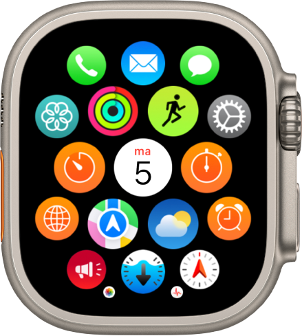 Beginscherm van de Apple Watch in de rasterweergave, met gegroepeerde apps. Tik op een app om deze te openen. Draai de Digital Crown om meer apps weer te geven.