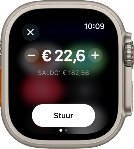 Een Berichten-scherm met een bericht dat een Apple Cash-betaling wordt voorbereid. Bovenaan bevindt zich een bedrag in dollars. Daaronder staat het huidige saldo en onderin staat de knop 'Stuur'.