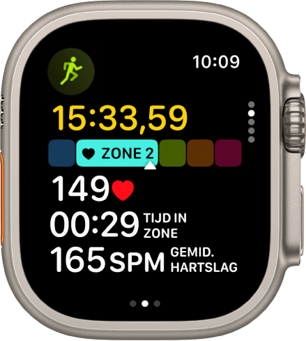 Een hardloopwork-out waarbij de verstreken tijd, de huidige zone, je hartslag, de tijd in de zone en je gemiddelde hartslag worden weergegeven.