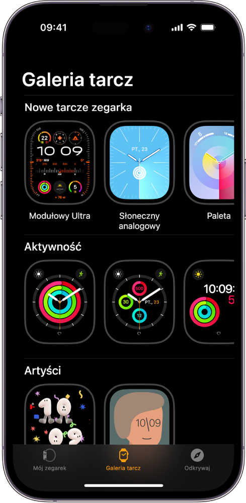 Aplikacja Apple Watch wyświetlająca galerię tarcz. W górnym wierszu wyświetlane są nowe tarcze, a poniżej tarcze uporządkowane według typu, na przykład Aktywność i Artyści. Możesz przewijać, aby zobaczyć więcej tarcz uporządkowanych według typu.