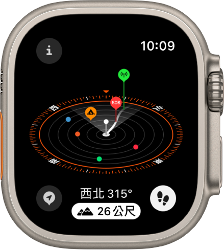 顯示 3D 高度顯示方式的「指南針」App。目前位置在有角度的指南針刻度盤中間用白色柱狀圖形標記。刻度盤邊緣出現了較短柱狀圖形上的幾個航點。