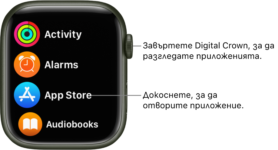 Начален екран на Apple Watch с изглед в списък, с приложения в списък. Докоснете приложение, за да го отворите. Прелистете, за да видите повече приложения.