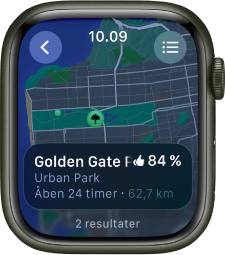 Appen Kort, der viser et kort over Golden Gate Park i San Francisco med en vurdering af parken, åbningstiderne og afstanden fra din aktuelle lokalitet. Knappen Ruter findes øverst til højre. Knappen Tilbage findes øverst til venstre.