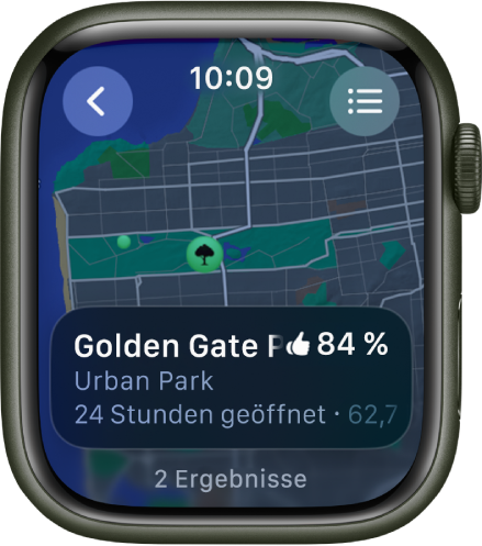 Die App „Karten“ mit einer Karte des Golden Gate Park in San Francisco, zusammen mit einer Bewertung des Parks, seinen Öffnungszeiten und seiner Entfernung von deinem aktuellen Standort. Die Taste „Routen“ befindet sich oben rechts. Oben links ist die Taste „Zurück“.