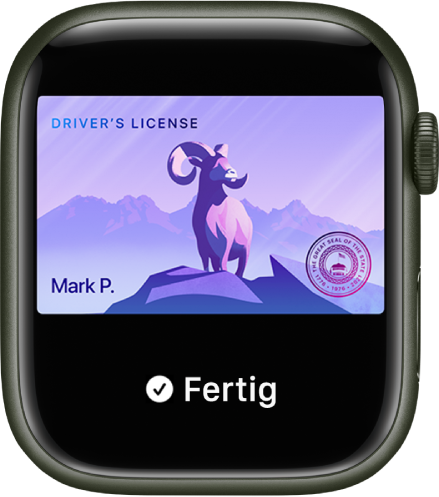 Ein Führerschein auf der Apple Watch. Unten auf dem Display wird das Wort „Fertig“ angezeigt.