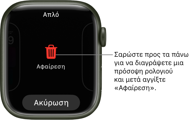 Οθόνη του Apple Watch που εμφανίζει τα κουμπιά «Αφαίρεση» και «Ακύρωση», τα οποία εμφανίζονται όταν σαρώσετε μια νέα πρόσοψη ρολογιού. Σαρώστε προς τα πάνω στην πρόσοψη ρολογιού για να τη διαγράψετε.