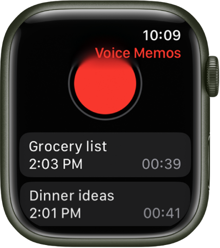 Apple Watch showing the Voice Memos screen. A red Record button appears near the top. Two recorded memos appears below. The memos display the times they were recorded and their length.