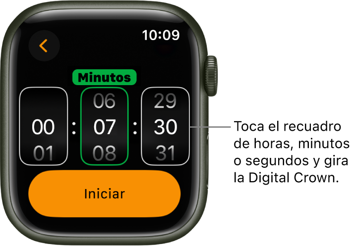 Configuración para crear un temporizador personalizado, con las horas en la izquierda, los minutos en el centro y los segundos en la derecha. Debajo está el botón Iniciar.