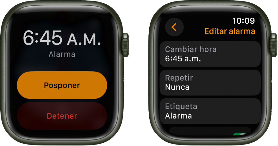 Dos pantallas de reloj: una muestra una carátula con los botones para posponer y detener, y la otra muestra la configuración Editar alarma con los botones Cambiar hora, Repetir y Etiqueta. El botón Posponer está en la parte inferior.