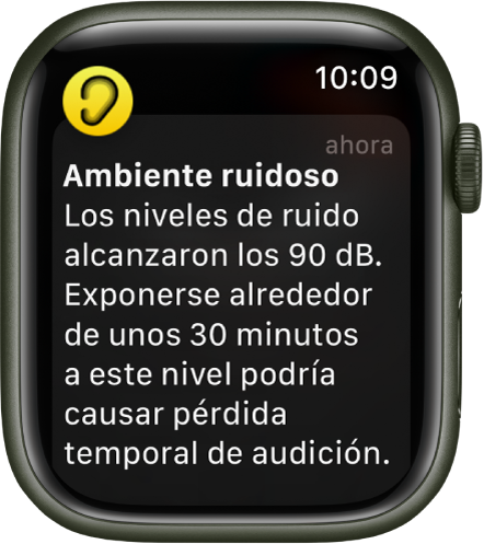 Apple Watch mostrando una notificación de ruido. El ícono de la app asociada con la notificación aparece en la esquina superior izquierda. Puedes tocarlo para abrir la app.