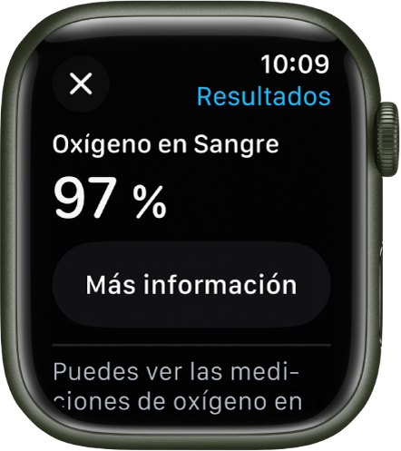 La pantalla de los resultados de “Oxígeno en sangre” con una saturación de oxígeno en sangre del 97 por ciento. Debajo se muestra el botón “Más información”.