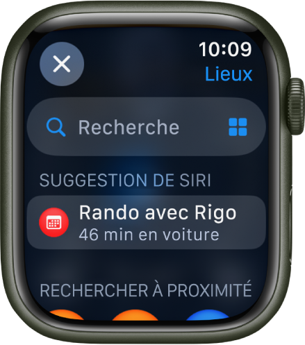 L’écran Rechercher dans l’app Plans, avec le champ de recherche en haut de l’écran. Une suggestion de Siri apparaît en dessous. Un en-tête Rechercher à proximité apparaît en bas.