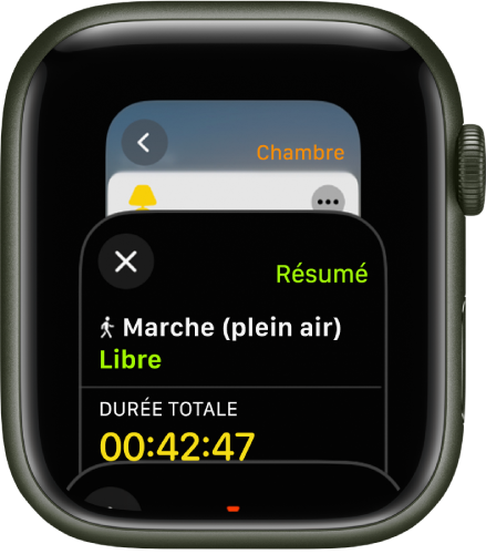 Le sélecteur d’app affichant l’app Exercice. Faites tourner la Digital Crown pour afficher plus d’apps. Touchez une app pour l’ouvrir.