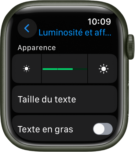 Les réglages « Luminosité et affichage » sur l’Apple Watch, avec le curseur Luminosité en haut et le bouton « Taille de texte » en dessous.