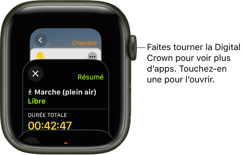 Le sélecteur d’app affichant l’app Exercice. Faites tourner la Digital Crown pour afficher plus d’apps. Touchez une app pour l’ouvrir.