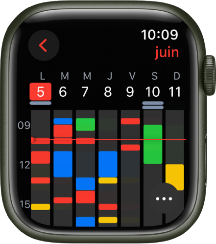 L’app Calendrier présentant des évènements pour la semaine. Chaque évènement présente un code de couleur correspondant au calendrier auquel il appartient. Le nom du mois se trouve en haut à droite et les jours et les dates sont répartis en haut de l’écran. Tous les évènements sur toute la journée présentent une barre sous la date du jour correspondant. Une ligne parcourant la semaine entière indique l’heure actuelle. Le bouton Plus se trouve en bas à droite.