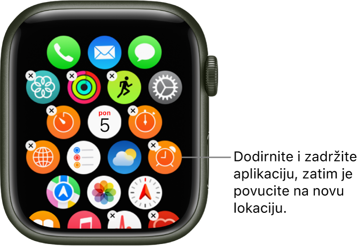 Početni zaslon Apple Watcha u prikazu rešetke.