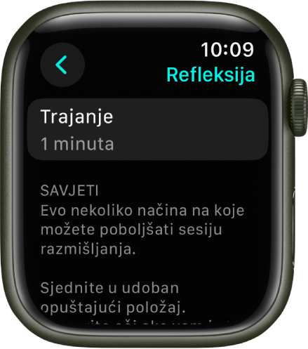Zaslon aplikacije Svjesnost s prikazom trajanja od jedne minute pri vrhu. Ispod se nalaze savjeti za poboljšanje sesije refleksije.