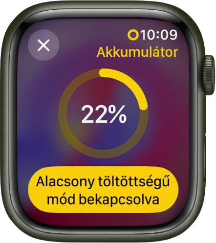 Az Alacsony töltöttségű mód képernyője egy, a hátralévő töltöttségi szintet jelölő részleges sárga gyűrűvel. A gyűrű közepében a 22 százalék felirat látható. Az Alacsony töltöttségű mód bekapcsolva gomb alul látható. A Bezárás gomb a bal felső részen található.