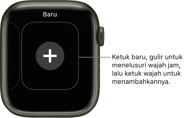 Layar wajah jam baru, dengan tombol tambah di bagian tengah. Ketuk untuk menambah wajah jam baru.