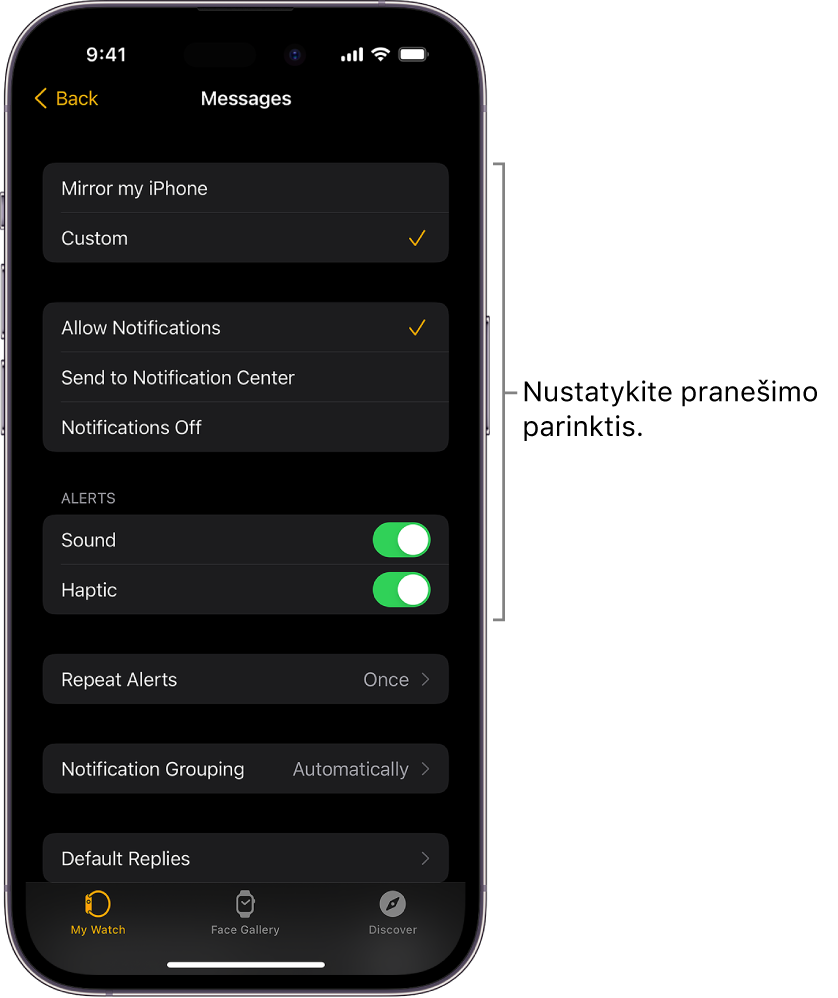 „Messages“ nustatymai „iPhone“ programoje „Apple Watch“. Galite pasirinkti rodyti įspėjimus, įjungti garsą, įjungti sąlytinius pranešimus ir kartoti įspėjimus.