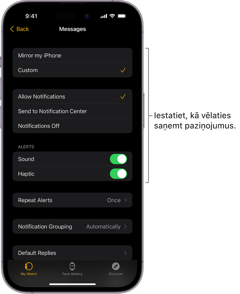 Lietotne Messages iestatījumi iPhone lietotnē Apple Watch. Varat izvēlēties, vai rādīt brīdinājumus, ieslēgt skaņu, ieslēgt taktilo signālu un atkārtot paziņojumus.