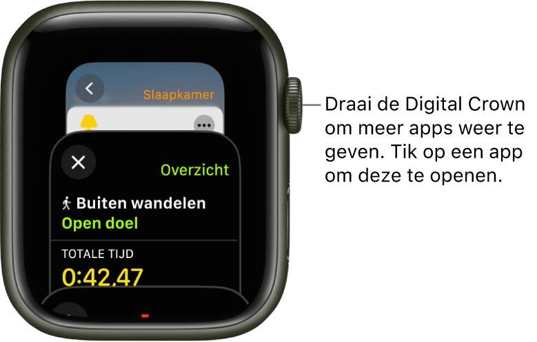 De appkiezer met de Work-out-app. Draai de Digital Crown om meer apps weer te geven. Tik op een app om deze te openen.