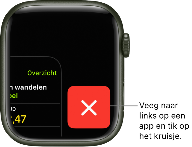 De appkiezer met aan de rechterkant een grote X en aan de linkerkant een deel van een app. Tik op 'X' om de app uit de appkiezer te verwijderen.