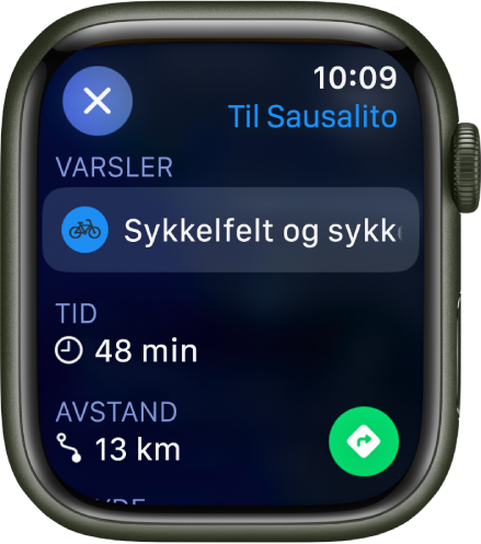 Kart-appen som viser informasjon om en sykkeltur. Farevarsler om ruten vises øverst, og tid og avstand til målet vises under der igjen. En Gå-knapp vises nederst til høyre.