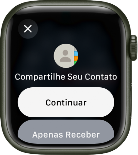 Tela do NameDrop mostrando dois botões: Continuar, que permite receber um contato além de compartilhar o seu, e Apenas Receber, para somente receber as informações de contato de outra pessoa.