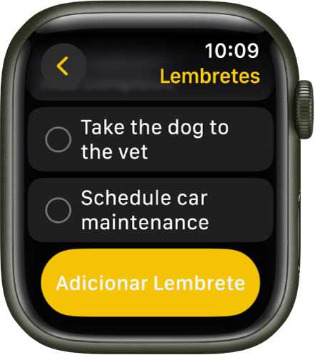 App Lembretes mostrando dois lembretes. Os lembretes estão perto da parte superior da tela e o botão Adicionar Lembrete está abaixo.